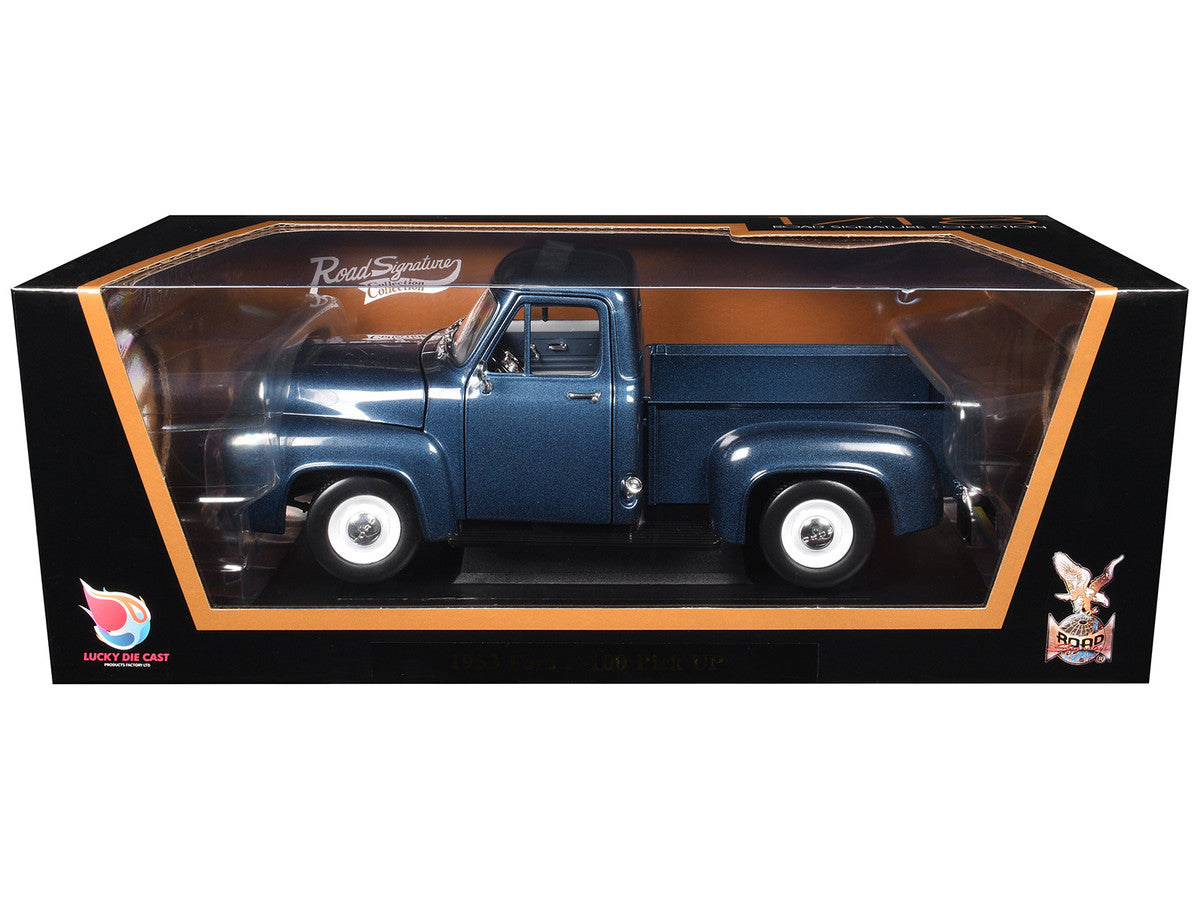 1953 Ford F-100 Pickup Dark Blue 1/18 Diecast Model Car by Road Signature-1