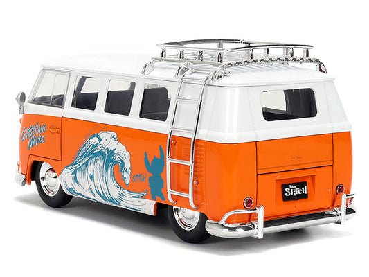 1961 Volkswagen Bus "Catching Waves" White and Orange with Stich Diecast Figure "Disney's Stitch" "Hollywood Rides" Series 1/24 Diecast Model by Jada-2
