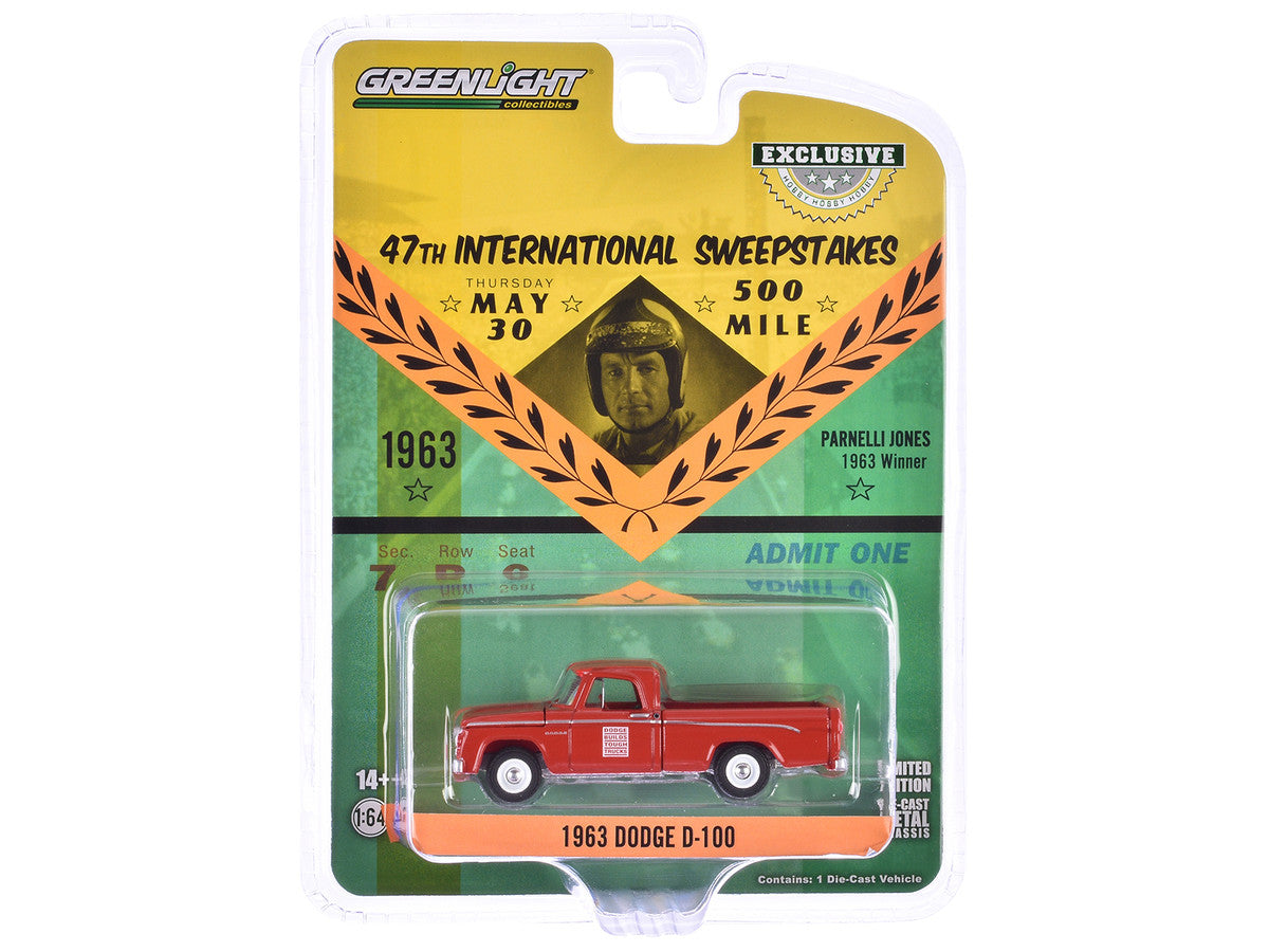 1963 Dodge D-100 Pickup Truck "47th International 500 Mile Sweepstakes - Indianapolis 500 Official Truck" Red "Hobby Exclusive" Series 1/64 Diecast Model Car by Greenlight-1