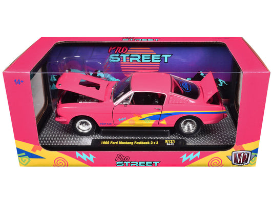 1966 Ford Mustang Fastback 2+2 Pink with Blue and Yellow Stripes "Pro Street" Limited Edition to 6250 pieces Worldwide 1/24 Diecast Model Car by M2 Machines-1
