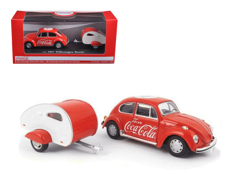 1967 Volkswagen Beetle Red with Teardrop Travel Trailer Red and White "Coca-Cola" 1/43 Diecast Model Car by Motorcity Classics-0
