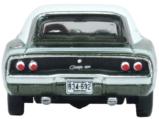 1968 Dodge Charger Racing Green Metallic with White Top and Tail Stripe 1/87 (HO) Scale Diecast Model Car by Oxford Diecast-1