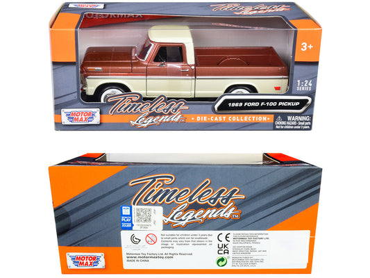 1969 Ford F-100 Pickup Truck Brown Metallic and Cream "Timeless Legends" 1/24 Diecast Model Car by Motormax-2