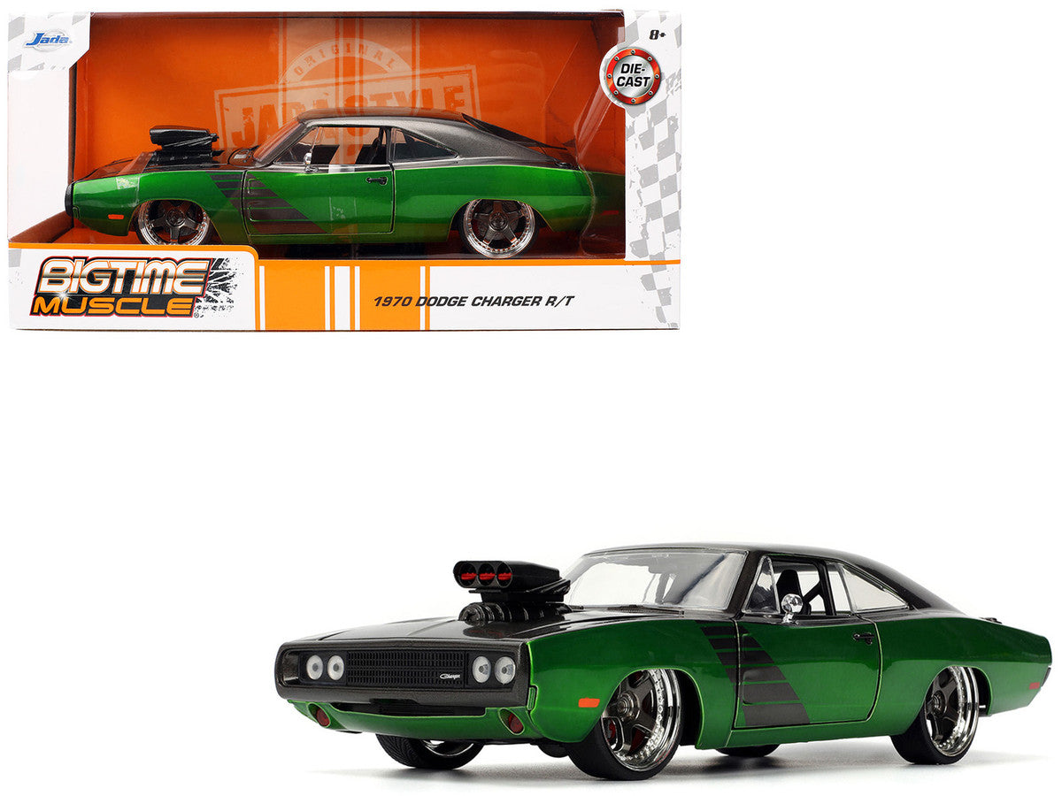 1970 Dodge Charger R/T Dark Gray Metallic and Green Metallic with Dark Gray Stripes "Bigtime Muscle" Series 1/24 Diecast Model Car by Jada-4