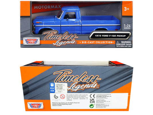 1972 Ford F-100 Pickup Truck Blue "Timeless Legends" Series 1/24 Diecast Model Car by Motormax-2