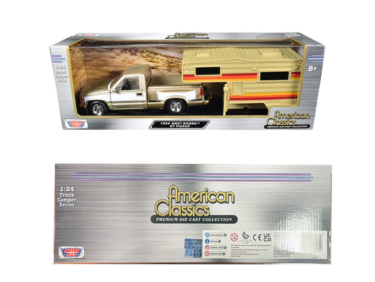 1992 GMC Sierra GT Pickup Truck Gold Metallic with White Sides with Camper Shell "American Classics" Series 1/24 Diecast Model Car by Motormax-1