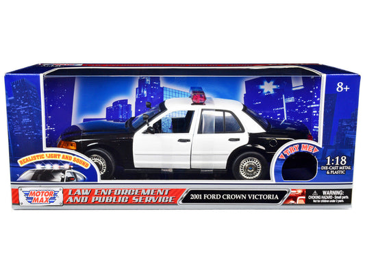 2001 Ford Crown Victoria Police Car Plain Black & White with Flashing Light Bar & Front and Rear Lights and Sound 1/18 Diecast Model Car by Motormax-1