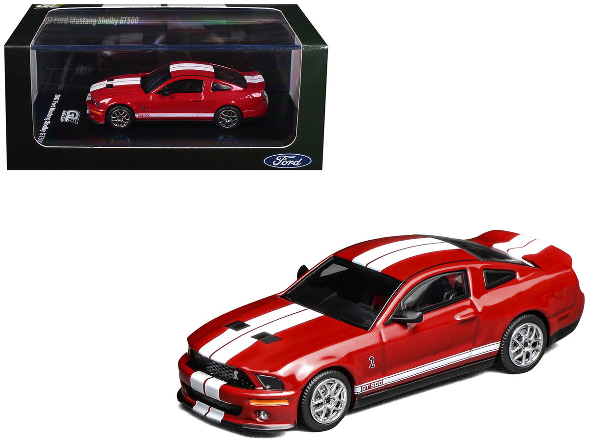 2007 Ford Mustang Shelby GT500 Torch Red with White Stripes 1/64 Diecast Model Car by MotorHelix & Greenlight-3