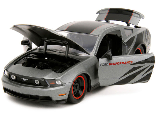 2010 Ford Mustang GT Matt Gray Metallic with Black Graphics and Stripes "Ford Performance" "Bigtime Muscle" Series 1/24 Diecast Model Car by Jada-1