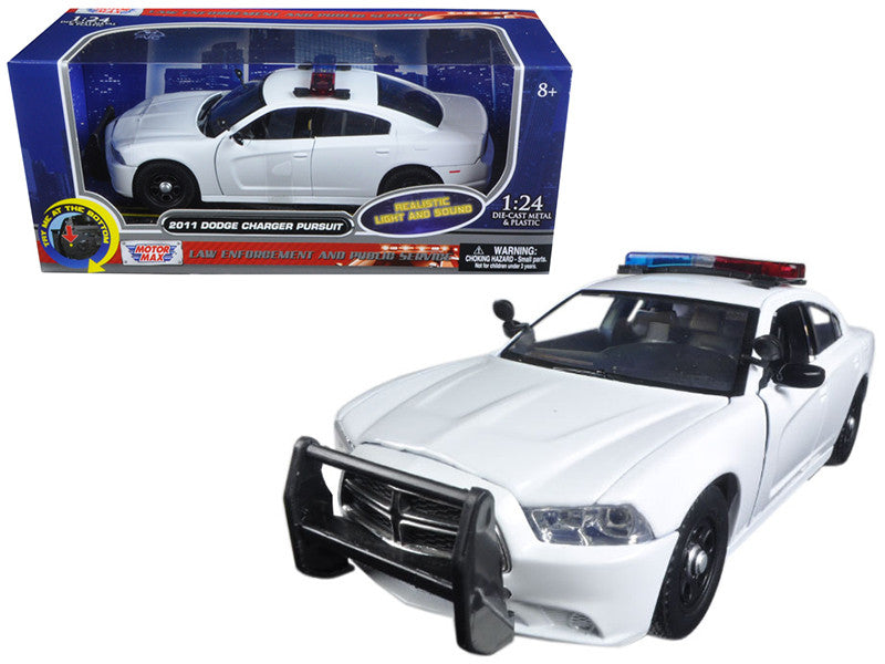 2011 Dodge Charger Pursuit Police Car White with Flashing Light Bar, Front and Rear Lights and 2 Sounds 1/24 Diecast Model Car by Motormax-0