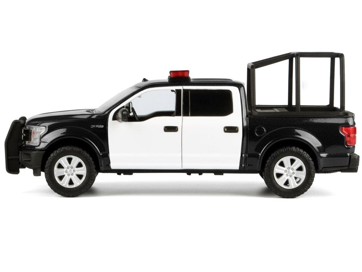 2019 Ford F-150 Lariat Crew Cab Pickup Truck with Bed Cage Black and White with Flashing Light Bar and Front and Rear Lights and Sounds 1/27 Diecast Model Car by Motormax-2