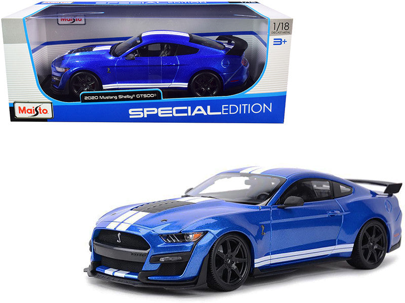 2020 Ford Mustang Shelby GT500 Blue Metallic with White Stripes "Special Edition" 1/18 Diecast Model Car by Maisto-0