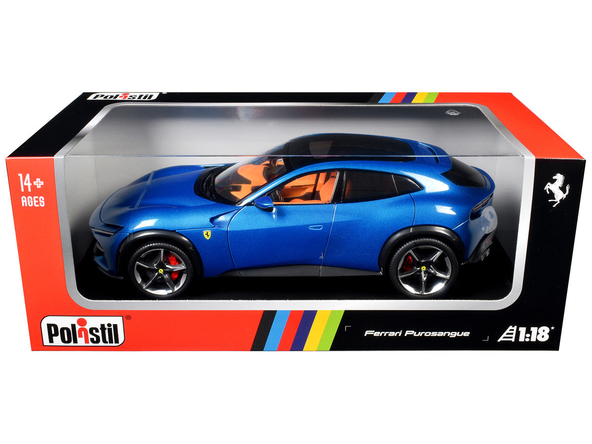 2022 Ferrari Purosangue Blu Corsa Blue Metallic with Black Top and Orange Interior 1/18 Diecast Model Car by Polistil-2