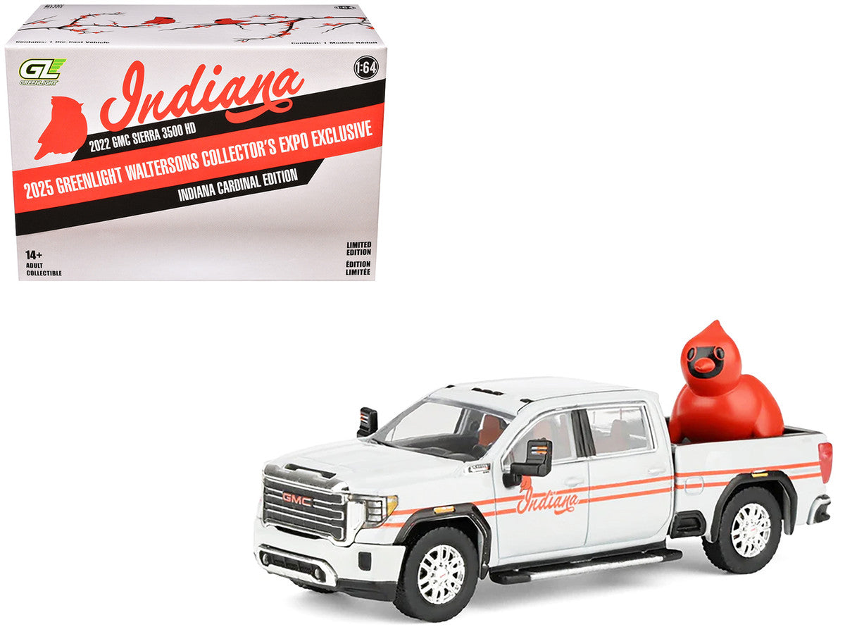 2022 GMC Sierra 3500 HD Pickup Truck "Indiana Cardinals" Silver Metallic with Red Stripes and Cardinal Figure "2025 Greenlight Waltersons Collector's Expo Exclusive" 1/64 Diecast Model Car by Greenlight-2