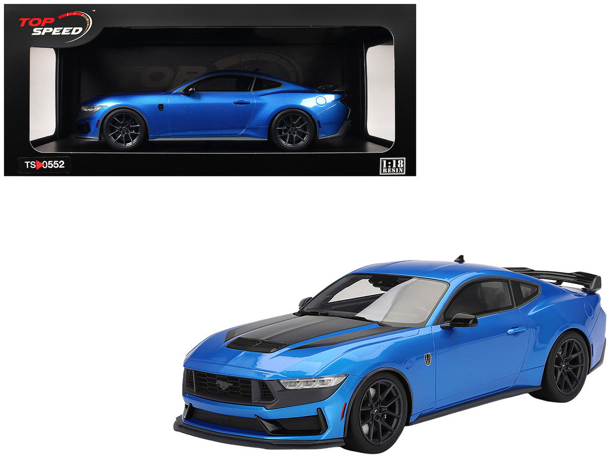 2024 Ford Mustang Dark Horse Grabber Blue Metallic with Black Hood Stripes 1/18 Model Car by Top Speed-4