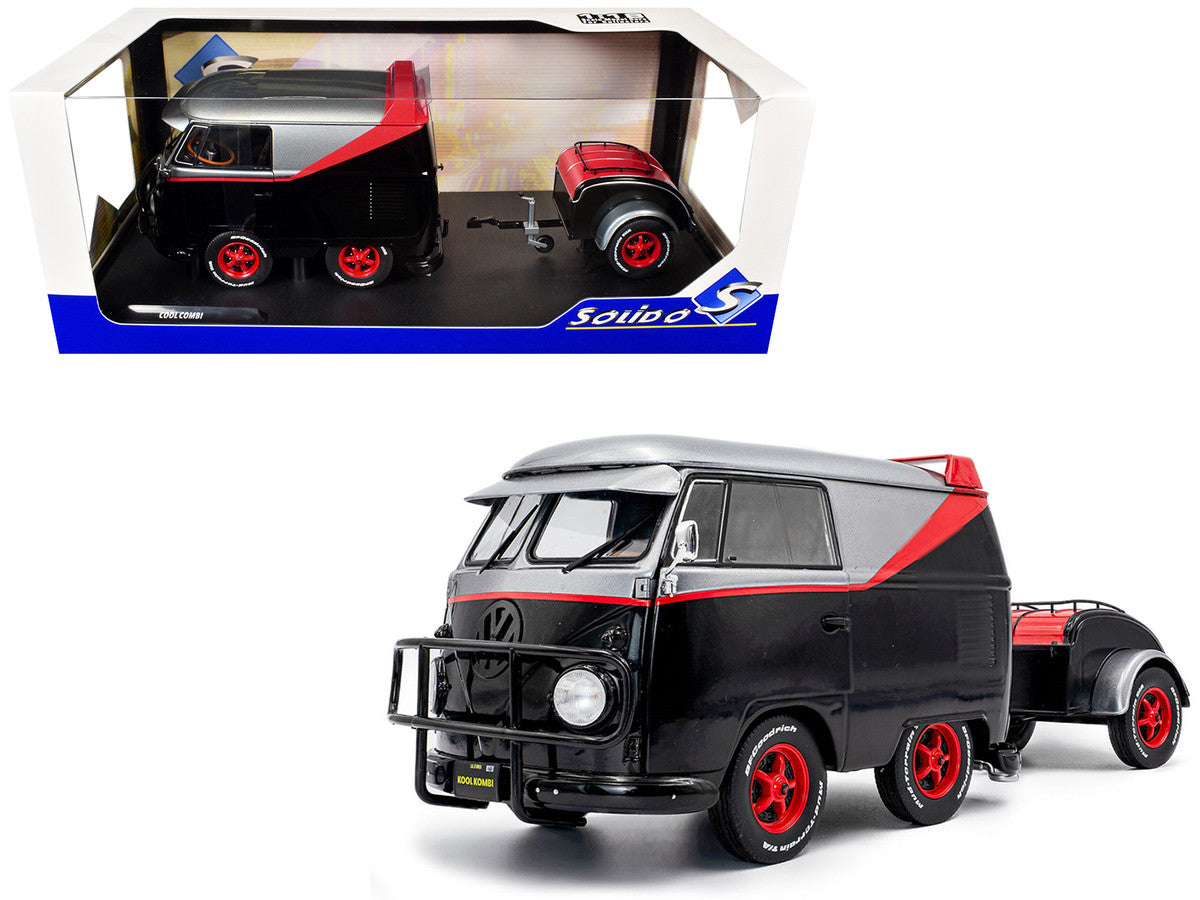 2024 Volkswagen Kool Kombi Sport Van with Trailer Black and Silver with Red Stripe 1/18 Diecast Model Car by Solido-4