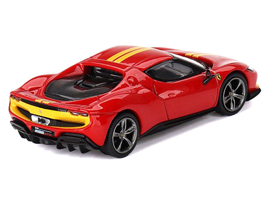Ferrari 296 GTB Assetto Fiorano Rosso Corsa Red with Yellow Stripes 1/64 Diecast Model Car by BBR-1