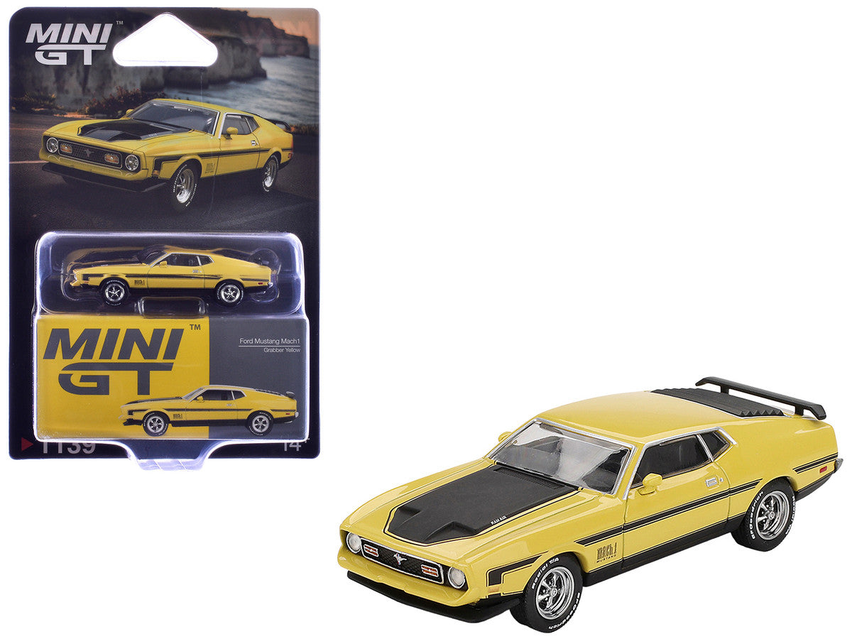 Ford Mustang Mach 1 Grabber Yellow with Black Hood and Stripes Limited Edition 1/64 Diecast Model Car by Mini GT-2