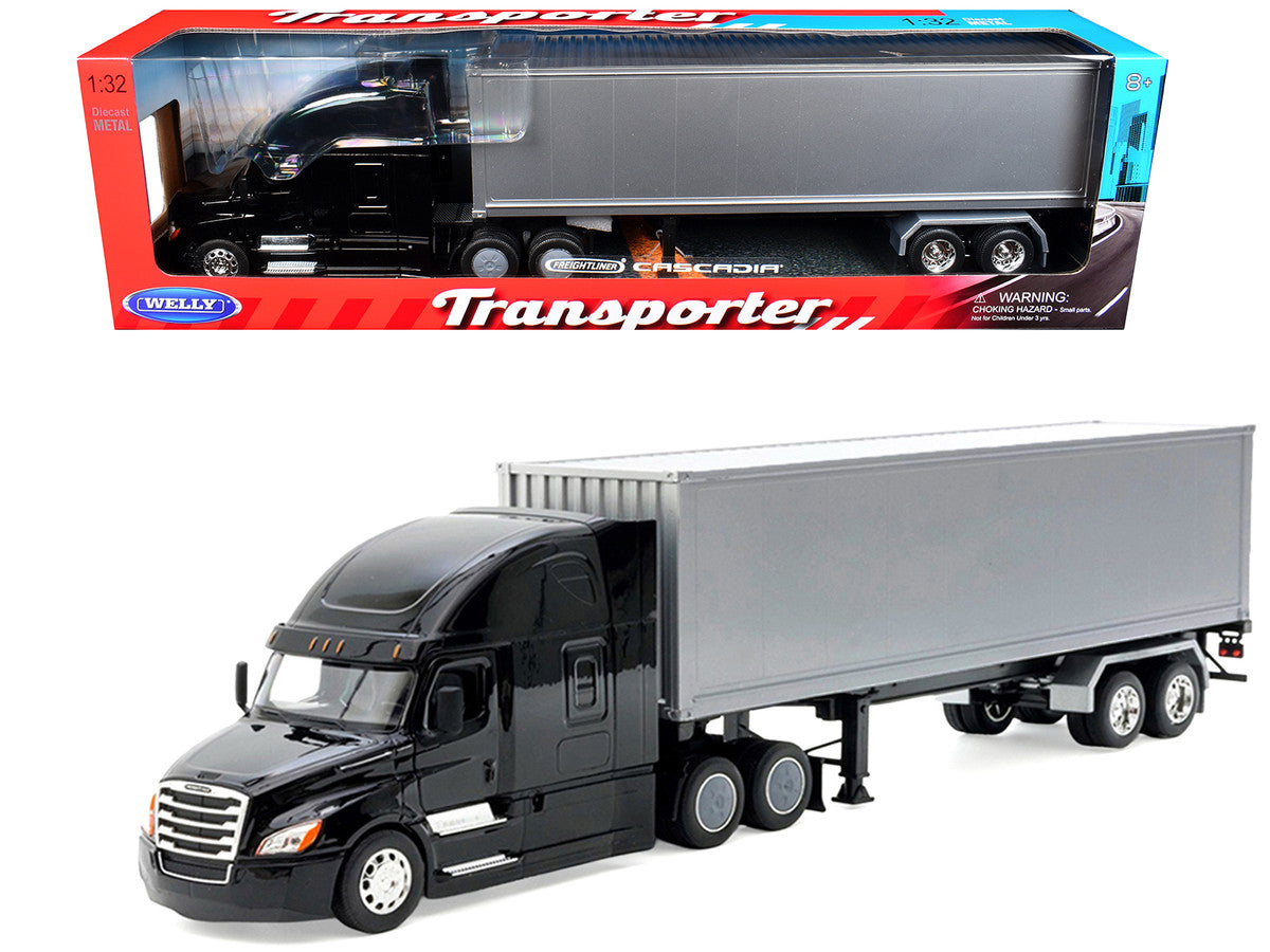 Freightliner Cascadia Truck Black with Silver Container "Transporter" Series 1/32 Diecast Model by Welly-2