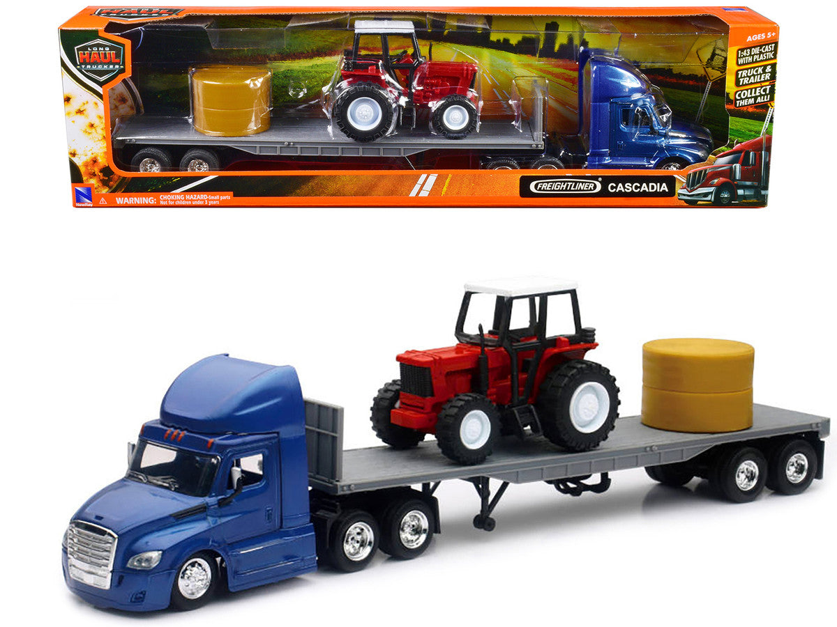 Freightliner Cascadia with Flatbed Trailer Blue with Farm Tractor Red and Hay Bales "Long Haul Trucker" Series 1/43 Diecast Model by New Ray-0