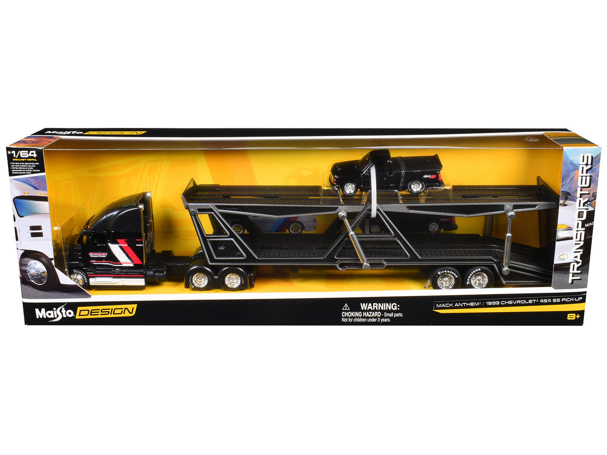 Mack Anthem Open Car Hauler Black with Red and White Stripes "Kenzie's Transport Services" and 1993 Chevrolet 454 SS Pickup Truck Black "Transporters" Series 1/64 Diecast Models by Maisto-2