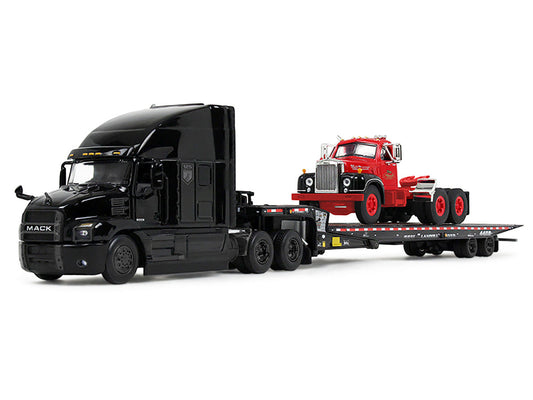 Mack Anthem Sleeper and Landoll 440B-50CA Traveling Axle Trailer Black with Mack B-61 Day Cab Load Red "Mack Anniversary" 1/64 Diecast Model by DCP/First Gear-1