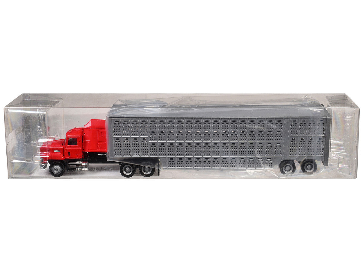 Mack CH 613 with Sleeper Cab Red with Silver Livestock Trailer 1/87 (HO) Plastic Model Car by Promotex-2
