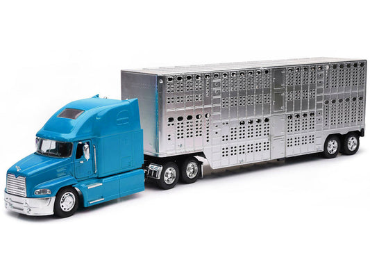 Mack Pinnacle Truck with Pot Belly Livestock Trailer Blue and Chrome "Long Haul Truckers" Series 1/32 Diecast Model by New Ray-1