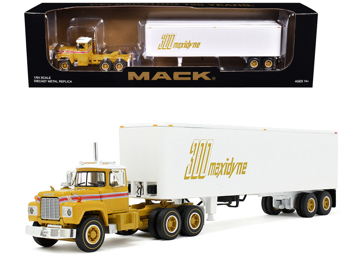 Mack R-Model Day Cab and 40' Vintage Trailer Yellow with Red Stripes and White Top "Mack Anniversary" 1/64 Diecast Model by DCP/First Gear-2