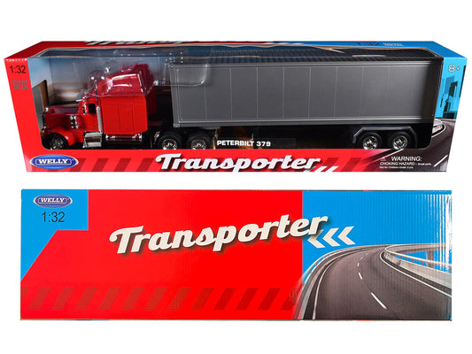Peterbilt 379 Truck Red with Silver Container "Transporter" Series 1/32 Diecast Model by Welly-2