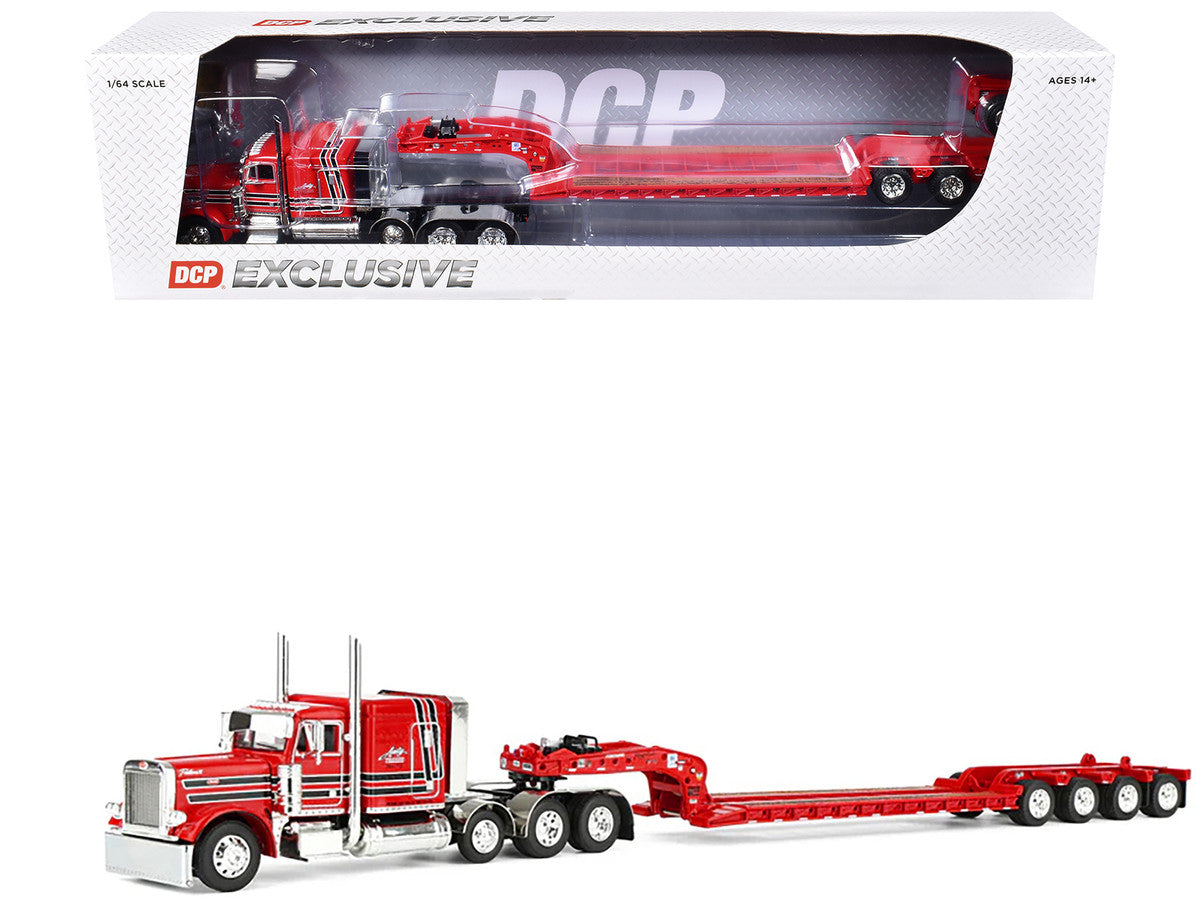 Peterbilt 379 with 63" Flat Top Sleeper and Fontaine Magnitude Lowboy Trailer with Fliptail "Anty Trucking & Rigging" Red with Black Stripes 1/64 Diecast Model by DCP/First Gear-4