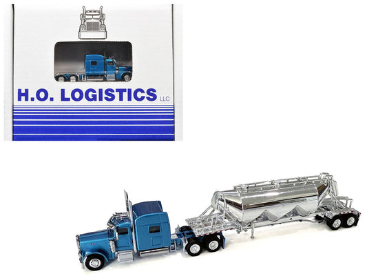 Peterbilt 389 Truck Tractor with Sleeper Cab Blue Metallic and Pneumatic Tank Trailer Chrome Combo Set 1/87 (HO) Plastic Model Car by HO Logistics-2