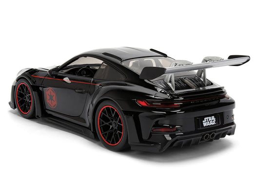 Porsche 911 GT3 RS (992) Black with Silver Hood and Graphics and Darth Vader Figure "Star Wars" Franchise "Hollywood Rides" Series 1/24 Diecast Model Car by Jada-1