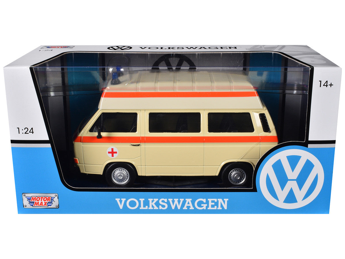 Volkswagen Type 2 (T3) High Roof Ambulance Cream with Orange Stripes 1/24 Diecast Model Car by Motormax-0