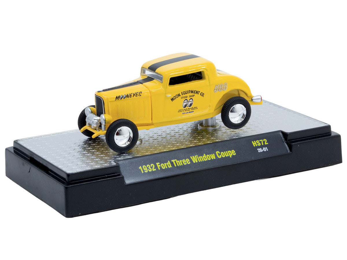 1932 Ford Three-Window Coupe "MoonEyes" Yellow with Black Stripe Limited Edition to 4400 pieces Worldwide 1/64 Diecast Model Car by M2 Machines-0