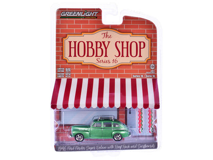 1946 Ford Fordor Super Deluxe Green Metallic with White Interior and Roof Rack with Surfboards "The Hobby Shop" Series 16 1/64 Diecast Model Car by Greenlight-0