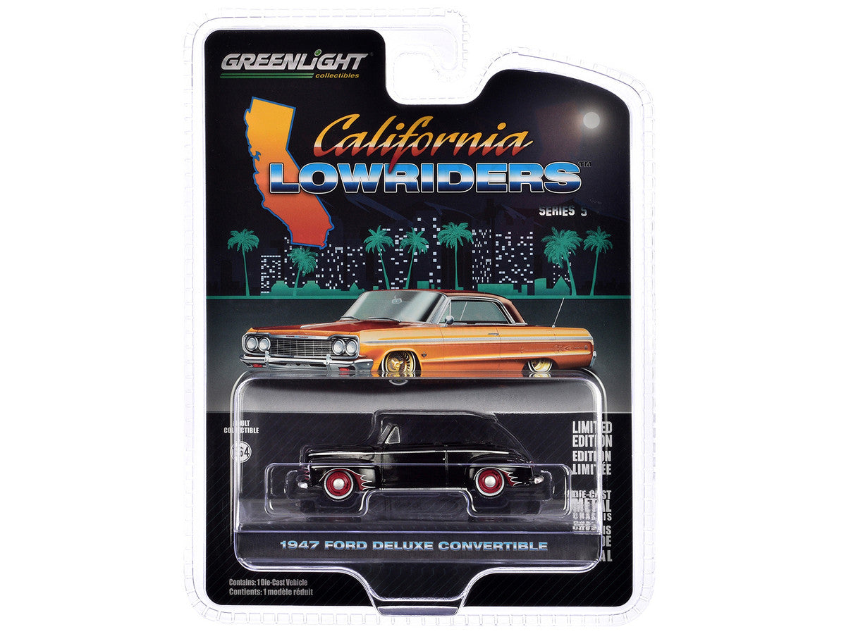 1947 Ford Deluxe Convertible Lowrider Black wit h Red Graphics "California Lowriders" Series 5 1/64 Diecast Model Car by Greenlight-1