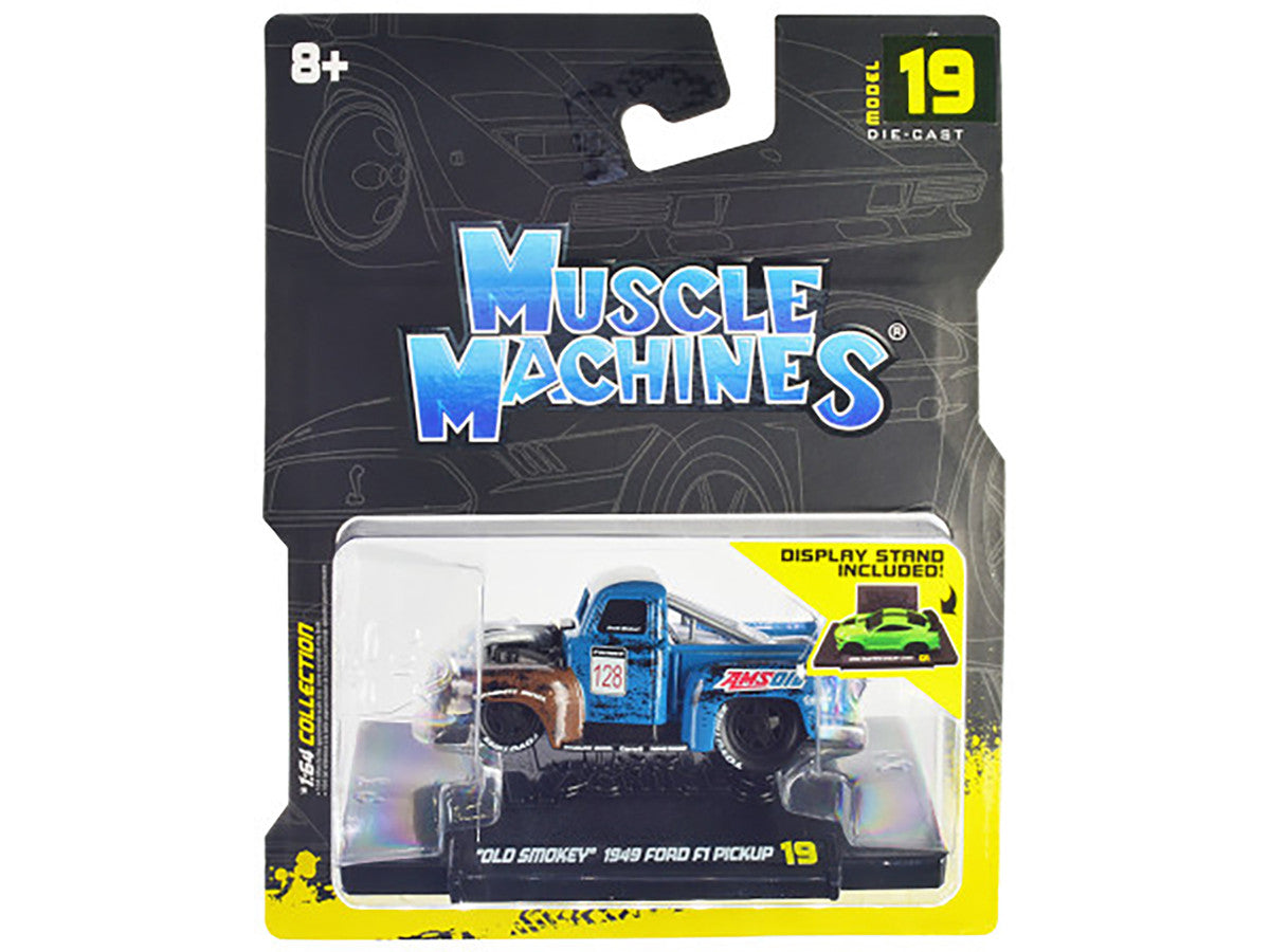 1949 Ford F1 Pickup Truck #128 "Old Smokey" Blue and Brown (Weathered) 1/64 Diecast Model Car by Muscle Machines-2