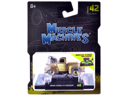 1949 Ford F1 Pickup Truck Gold Metallic 1/64 Diecast Model Car by Muscle Machines-2