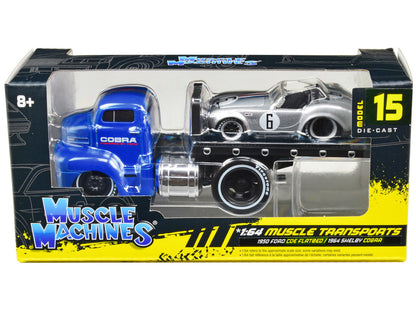 1950 Ford COE Flatbed Truck Blue "Cobra Powered by Ford" and 1964 Shelby Cobra #6 Silver Metallic with Stripes "Muscle Transports" Series 1/64 Diecast Model Cars by Muscle Machines-2