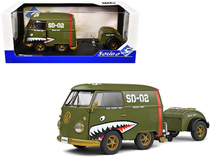 1950 Volkswagen Kool Kombi Van with Trailer "Army Fighter" Green with Graphics 1/18 Diecast Model Car by Solido-4