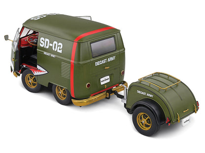 1950 Volkswagen Kool Kombi Van with Trailer "Army Fighter" Green with Graphics 1/18 Diecast Model Car by Solido-2