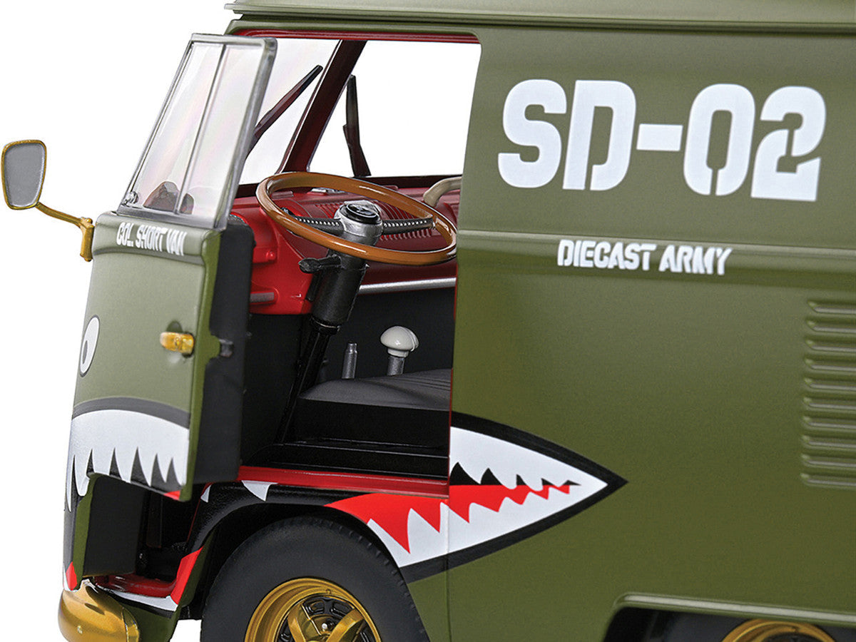 1950 Volkswagen Kool Kombi Van with Trailer "Army Fighter" Green with Graphics 1/18 Diecast Model Car by Solido-3
