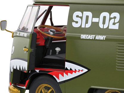 1950 Volkswagen Kool Kombi Van with Trailer "Army Fighter" Green with Graphics 1/18 Diecast Model Car by Solido-3