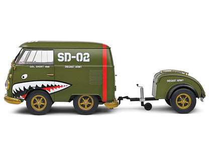 1950 Volkswagen Kool Kombi Van with Trailer "Army Fighter" Green with Graphics 1/18 Diecast Model Car by Solido-0