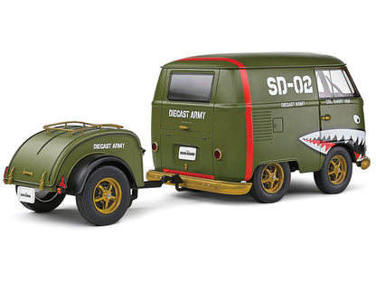 1950 Volkswagen Kool Kombi Van with Trailer "Army Fighter" Green with Graphics 1/18 Diecast Model Car by Solido-1