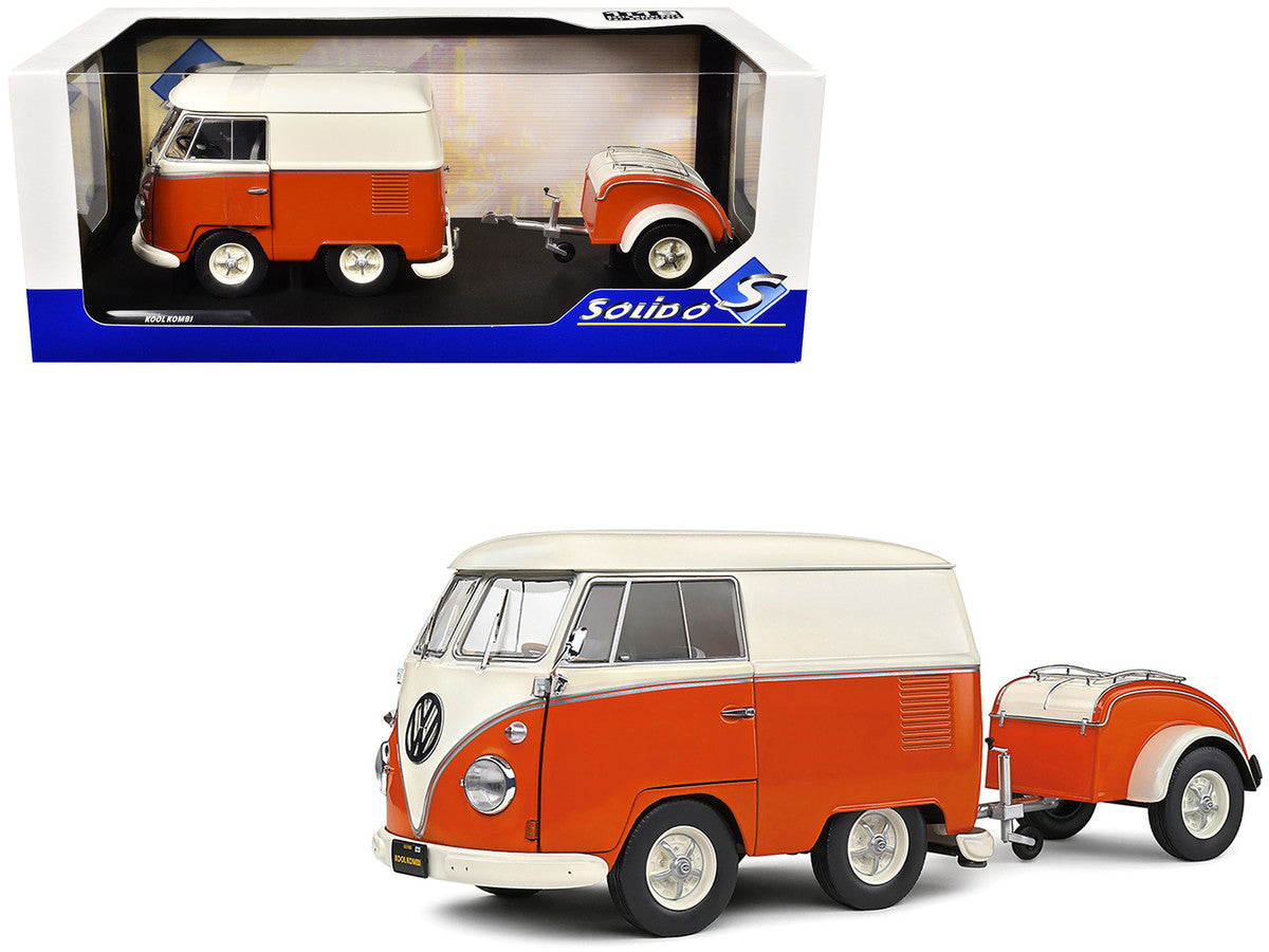 1950 Volkswagen Kool Kombi Van with Trailer Orange and White 1/18 Diecast Model Car by Solido-4