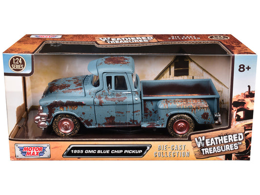 1955 GMC Blue Chip Pickup Truck Matt Blue (Rusted) "Weathered Treasures" Series 1/24 Diecast Model Car by Motormax-0