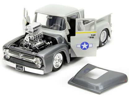 1956 Ford F-100 Pickup Truck Tan and Gray Metallic and Guile Diecast Figure "Street Fighter" Video Game "Anime Hollywood Rides" Series 1/24 Diecast Model Car by Jada-1