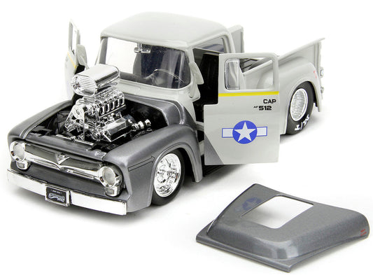 1956 Ford F-100 Pickup Truck Tan and Gray Metallic and Guile Diecast Figure "Street Fighter" Video Game "Anime Hollywood Rides" Series 1/24 Diecast Model Car by Jada-1